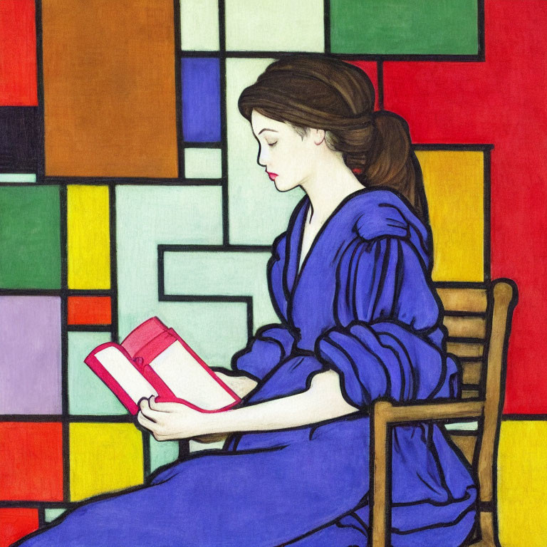 Woman in Blue Dress Reading Book Against Colorful Geometric Background