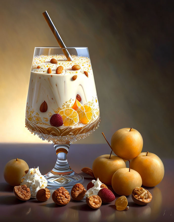 Glass of Creamy Dessert with Nuts and Berries Still Life