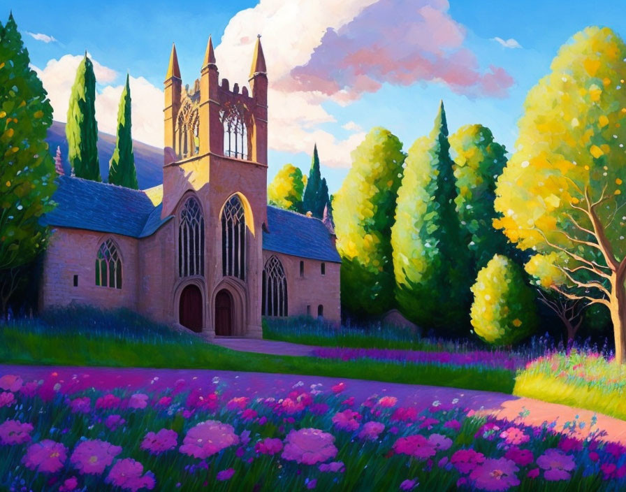 Digital painting: Gothic-style church in nature landscape