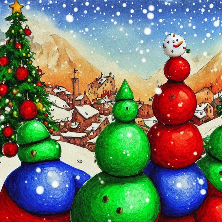 Vibrant snowman and green trees in Christmas village scene