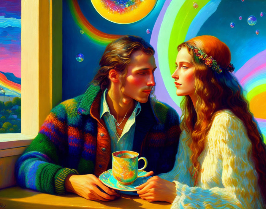 Colorful painting of man and woman sharing a moment with cosmic circles.