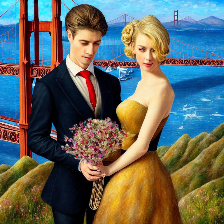 Stylized portrait of couple in blue suit and yellow dress at Golden Gate Bridge