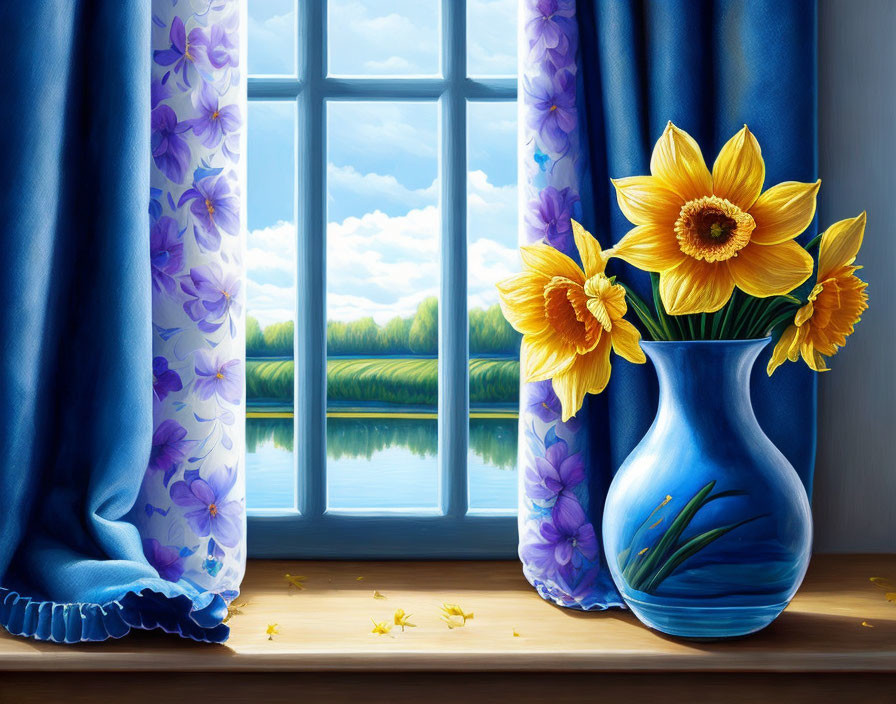 Yellow Daffodils in Blue Vase on Windowsill with Sunny Landscape View