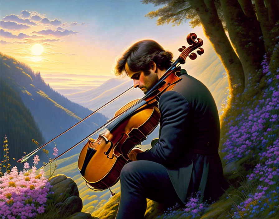 Man playing violin in nature at sunset with purple flowers and mountains