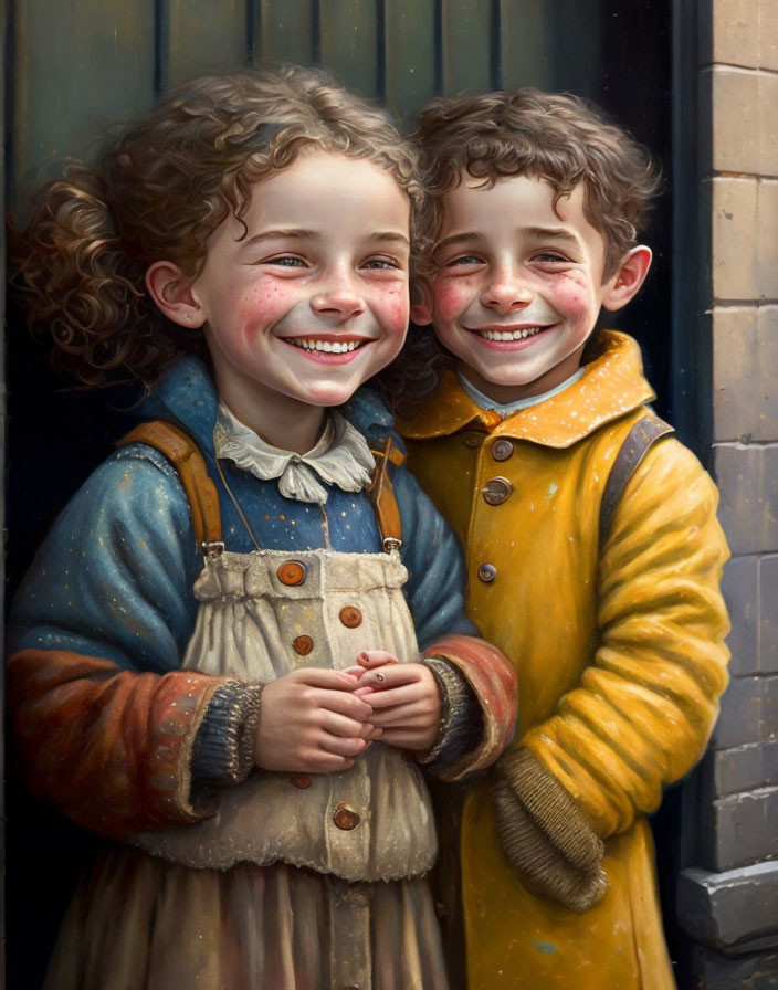 Detailed Painting: Cheerful Children with Curly Hair, Blue Dress, and Yellow Coat