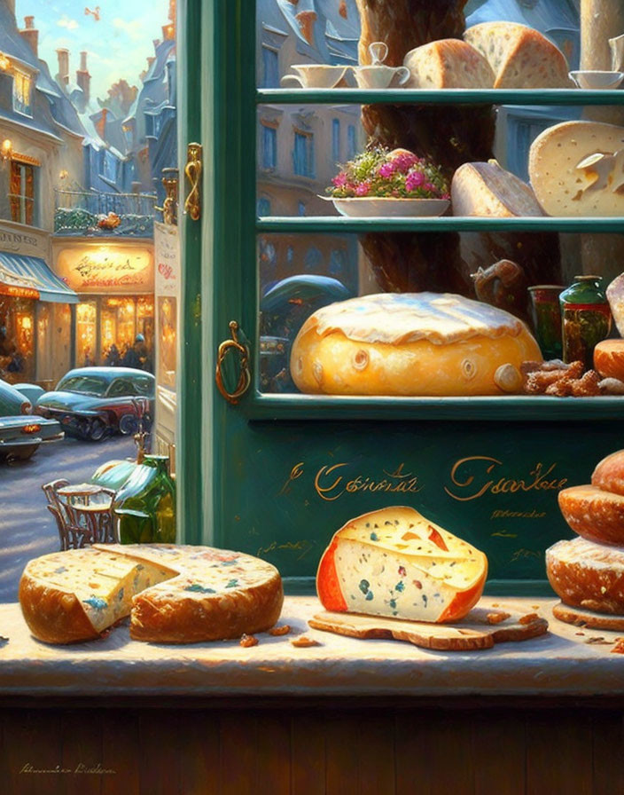 Bakery window showcasing bread and cheese with warm street scene