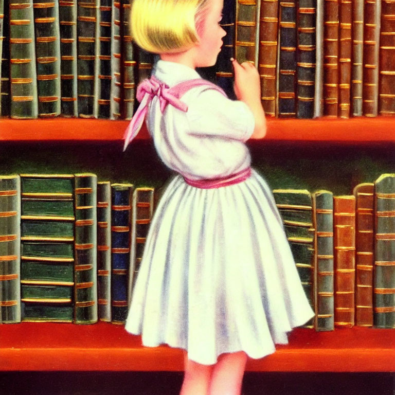 Blond girl in white dress with pink ribbon contemplating books