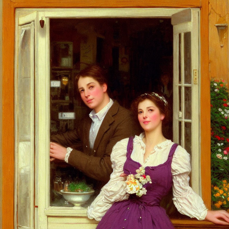 Vintage Attired Young Couple Leaning on Shop Window Sill