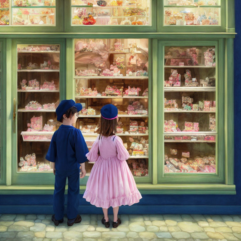 Vintage clothing children admire colorful sweets display in shop window