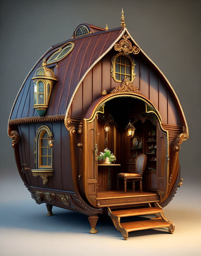 Barrel-shaped wooden house with ornate gold trimmings and curved door