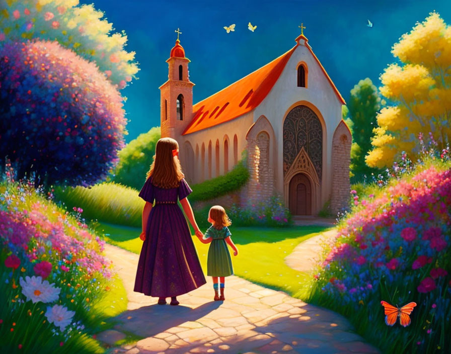 Woman and girl walking to church in flower-filled scene.