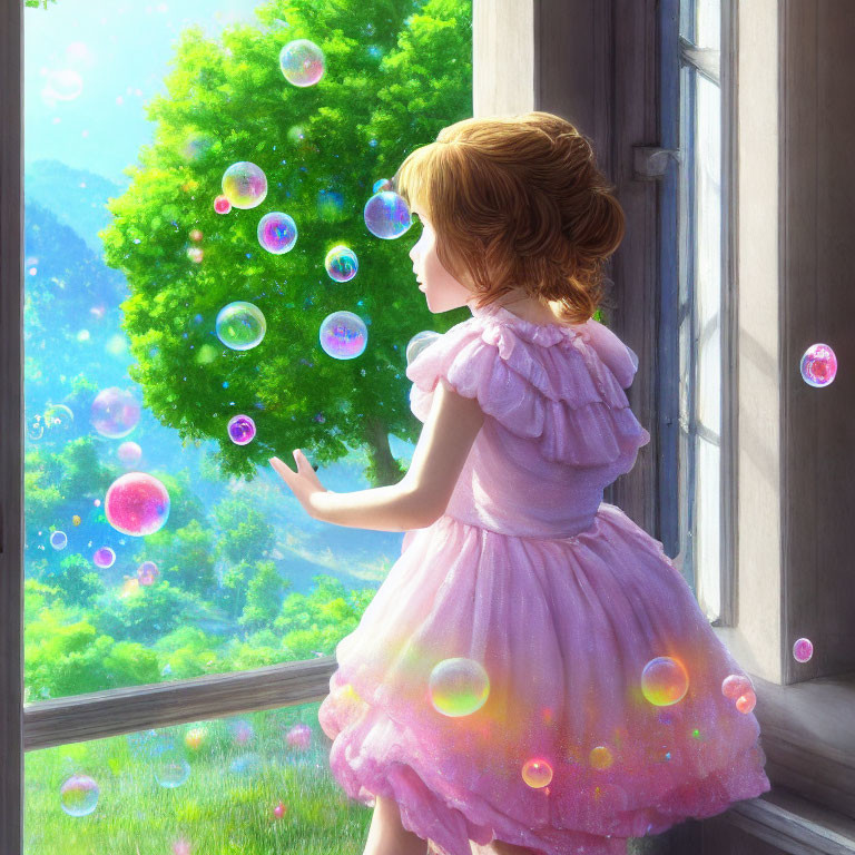 Young girl in pink dress reaching for floating bubbles by sunny window overlooking green tree