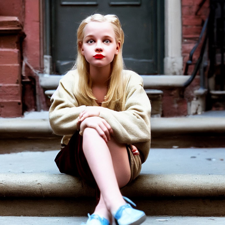 Girl in beige sweater and blue shoes sitting on doorstep, chin on knee, looking up