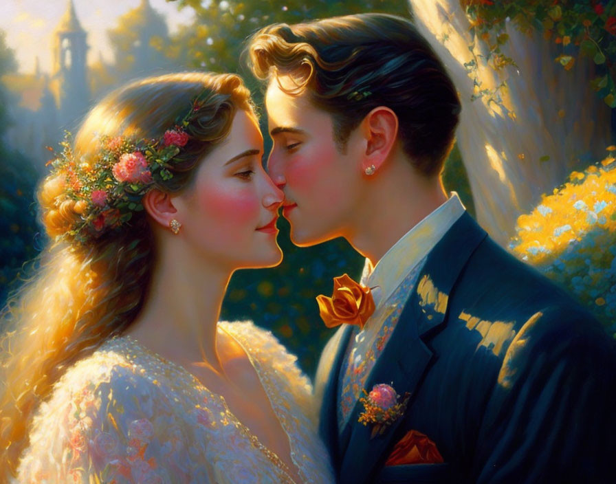 Illustrated couple in formal attire sharing a tender kiss in serene garden setting