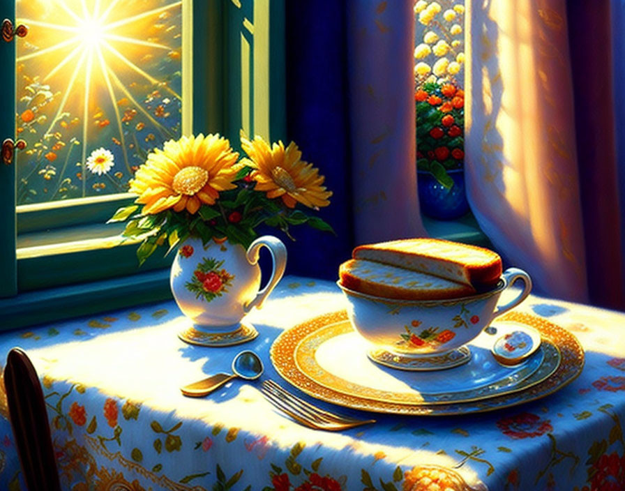 Sunlit Breakfast Scene with Cozy Table Setting