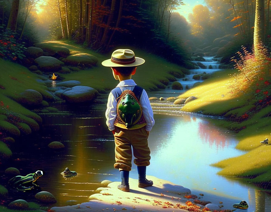 Boy with hat holding jar by tranquil creek surrounded by lush vegetation and frogs