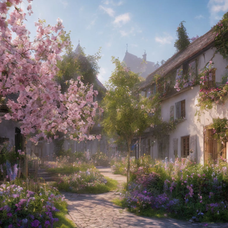 Tranquil cobblestone street with cherry trees and old houses