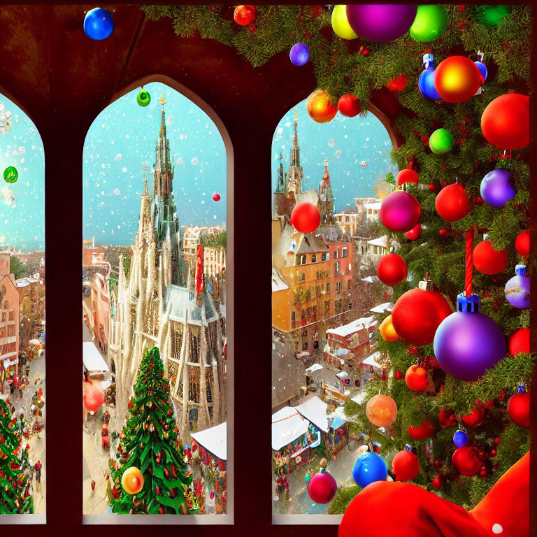 Festive Christmas scene through arched window overlooking snowy cityscape