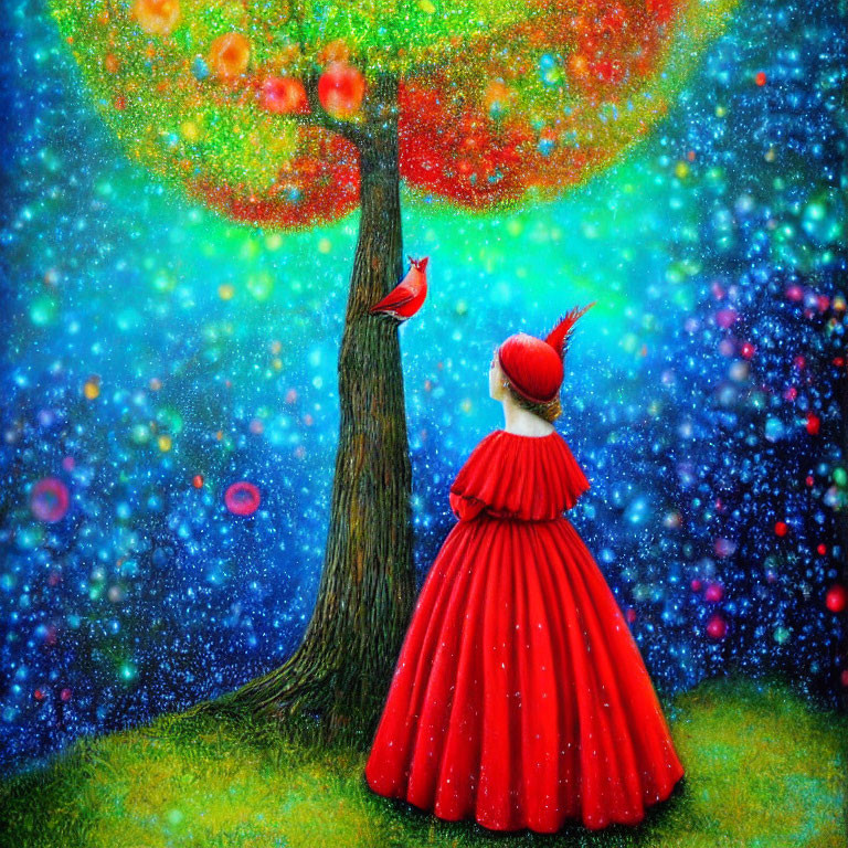 Person in Red Gown and Hat with Colorful Orbs and Bird in Vibrant Starry Scene