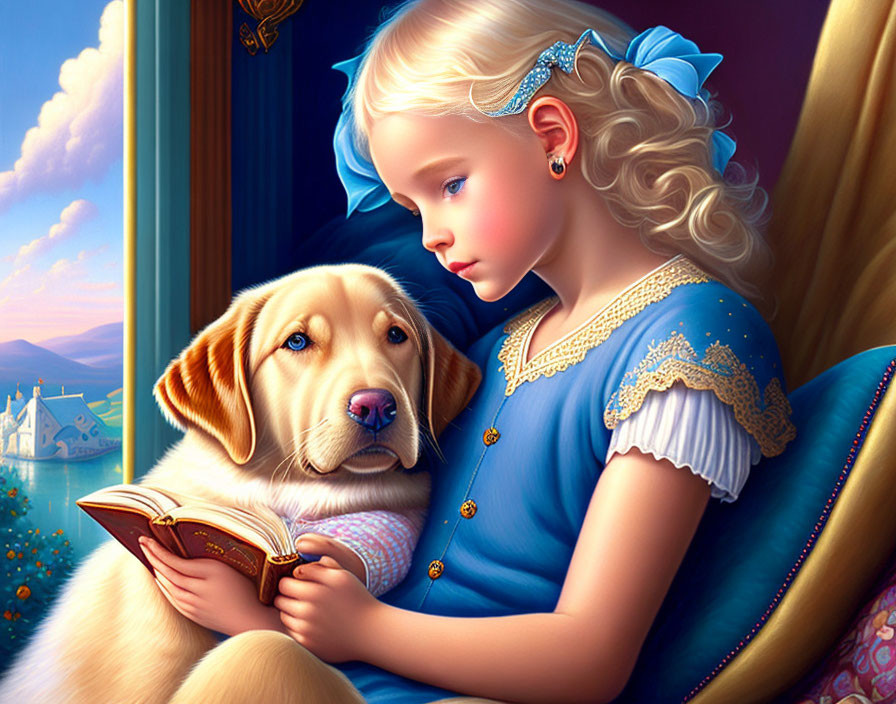 Young girl in blue dress reading book with golden retriever by window at dusk