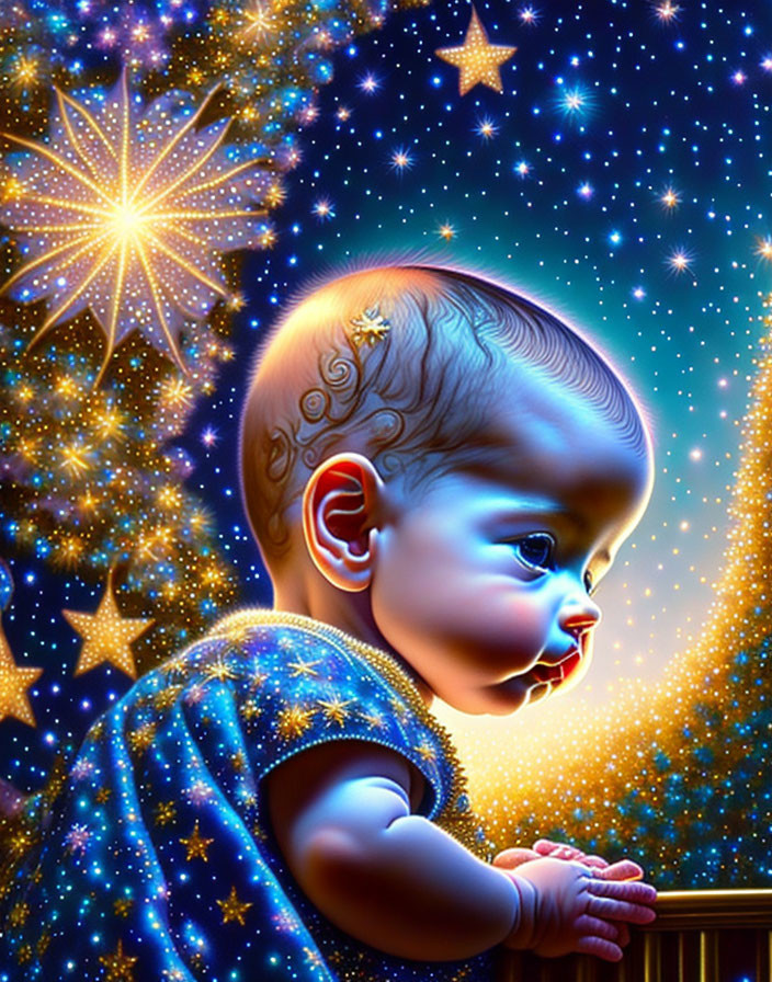 Illustrated baby with cosmic features under starry sky.