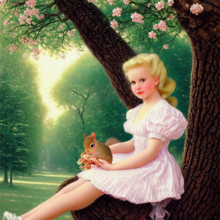 Young woman in pastel pink dress with squirrel in nature setting