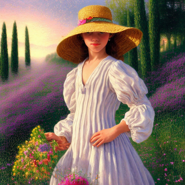 Young Woman in White Dress and Straw Hat in Field of Purple Flowers at Sunset