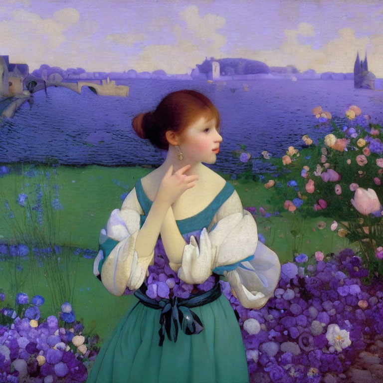 Young woman in traditional dress surrounded by purple flowers near serene lake and town - idyllic painting-like