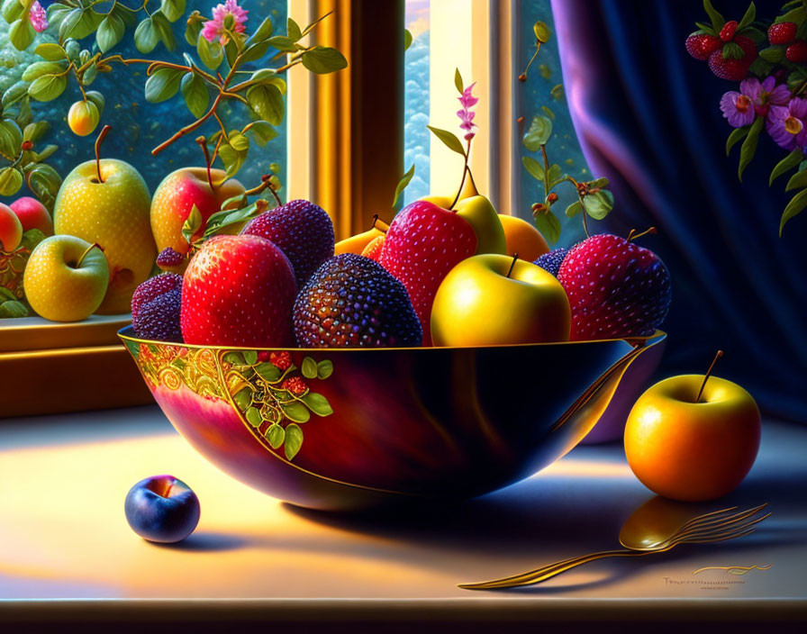 Colorful Still Life Painting of Fruit Bowl on Windowsill