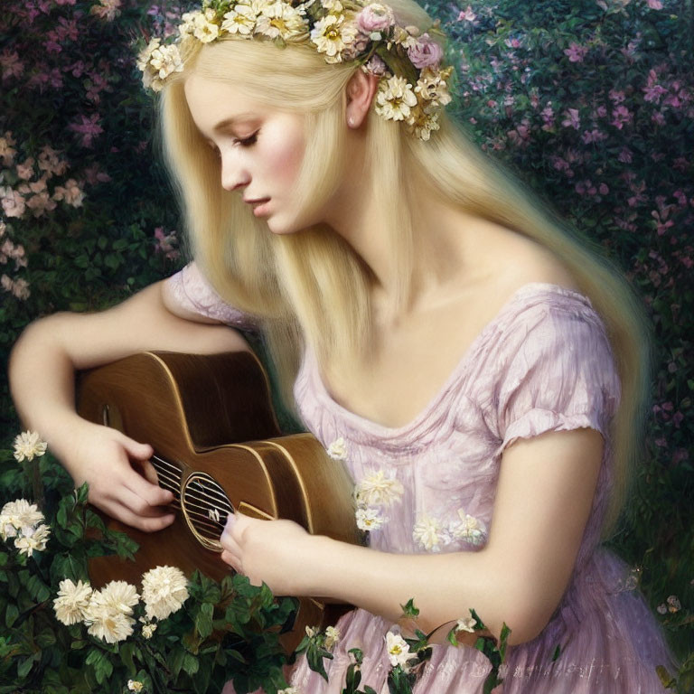 Blonde Woman with Floral Crown Playing Guitar Among Flowers