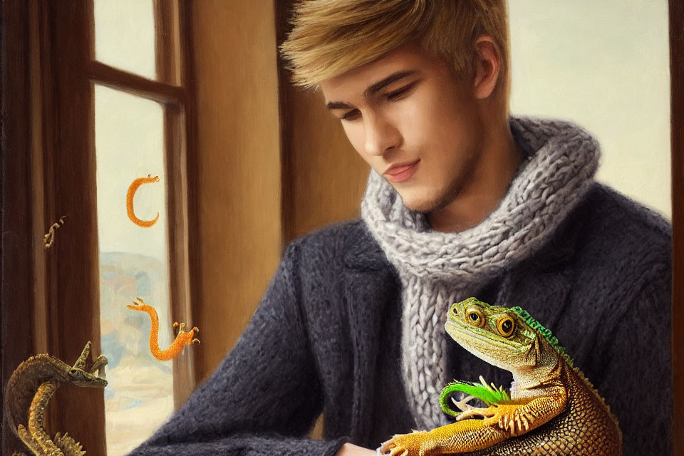 Blond young man with gray scarf gazes at notebook with colorful lizards.