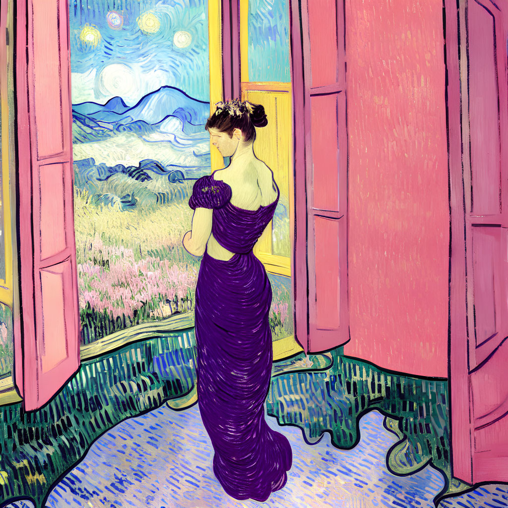 Stylized illustration of woman in purple dress looking out open window at starry night landscape