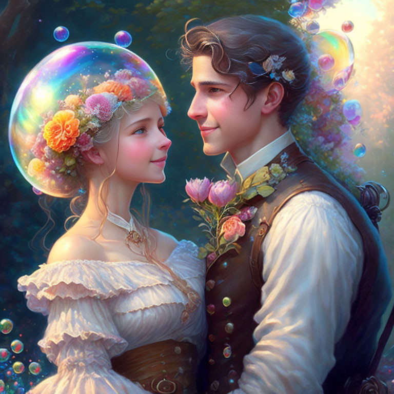 Illustration of couple in vintage attire with woman in bubble surrounded by flowers