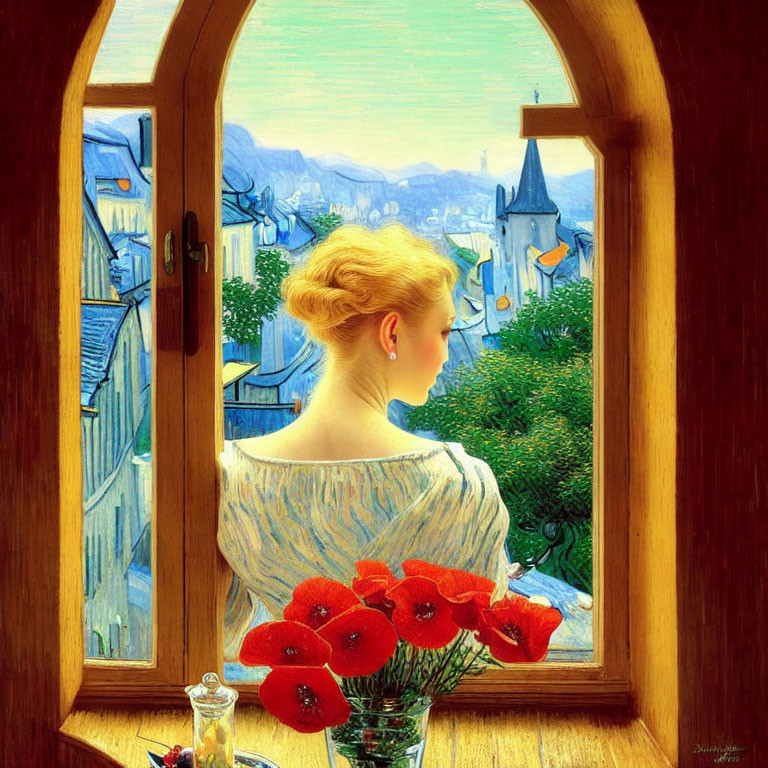 Woman in yellow dress looking out window at village with red poppies