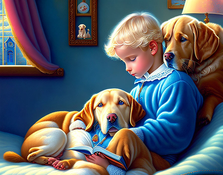 Child in blue sweater reading book with two golden retrievers in cozy room