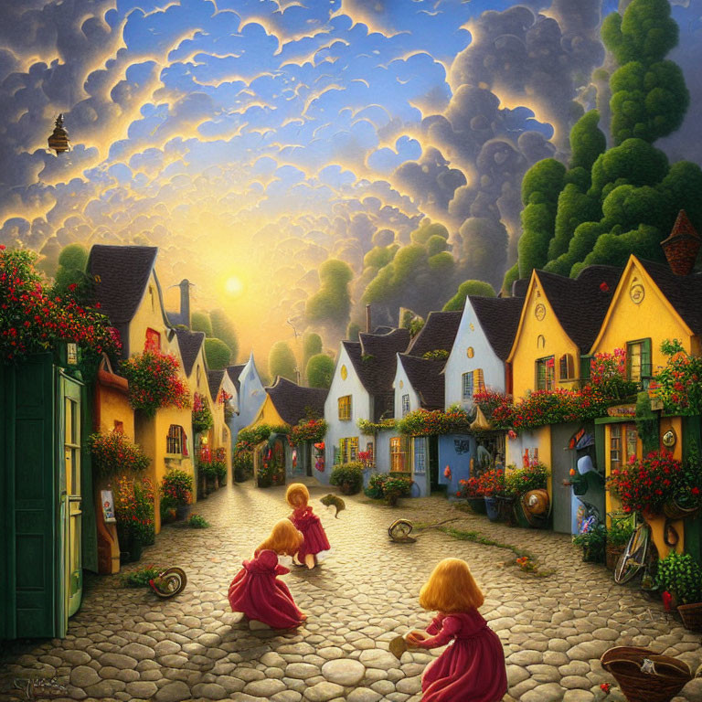 Charming sunset scene of a village street with cobblestones and colorful houses