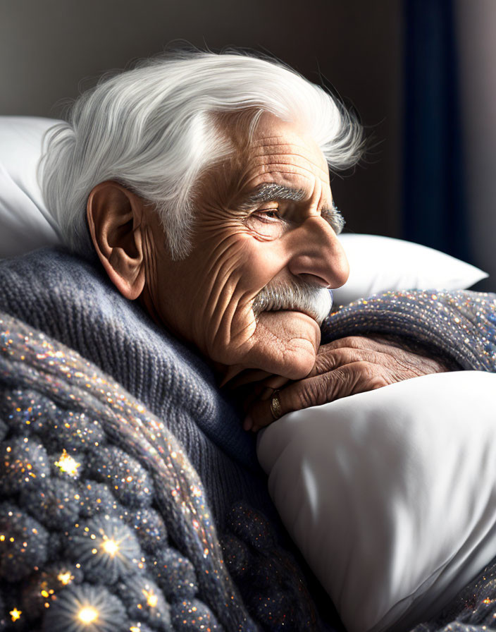 Elderly man with white hair and mustache gazing thoughtfully wrapped in starry blanket