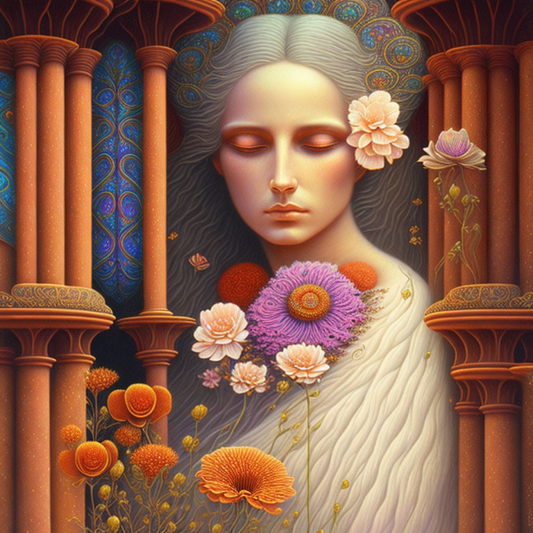 Serene female face with vibrant flowers, pillars, and patterns