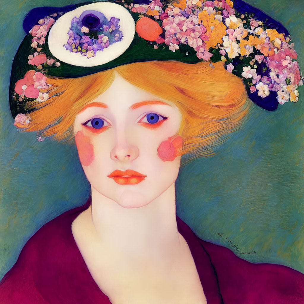 Striking portrait of a woman with orange hair and floral hat