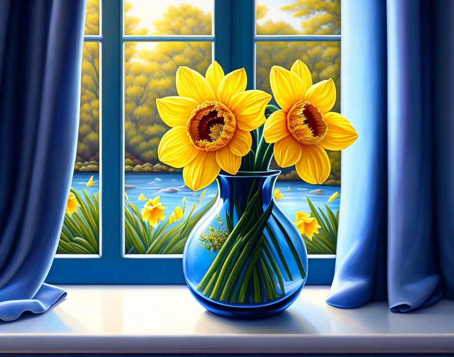 Yellow daffodils in blue vase on windowsill with garden view.