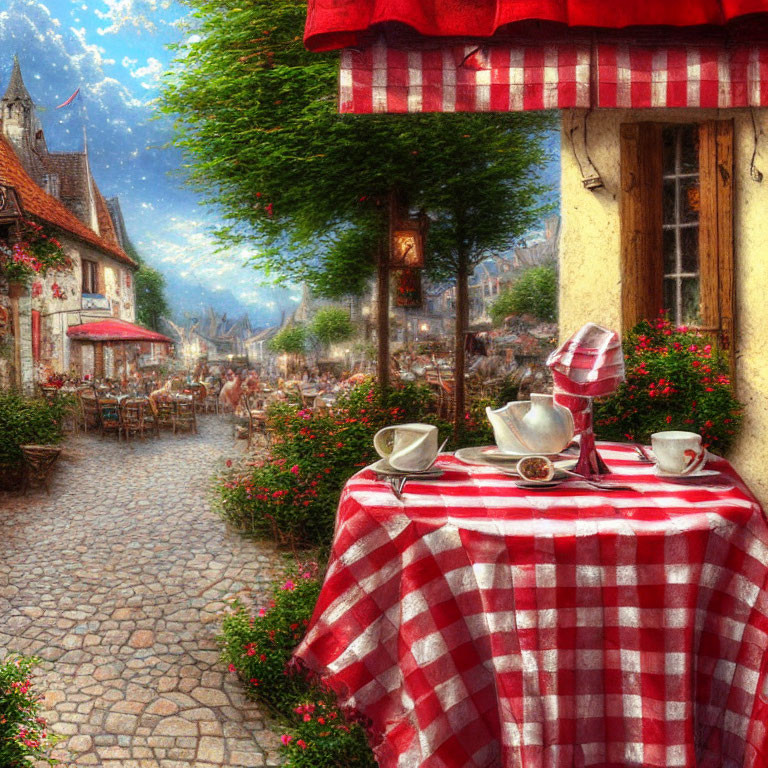 Quaint outdoor cafe with checkered tablecloths and cobblestone path