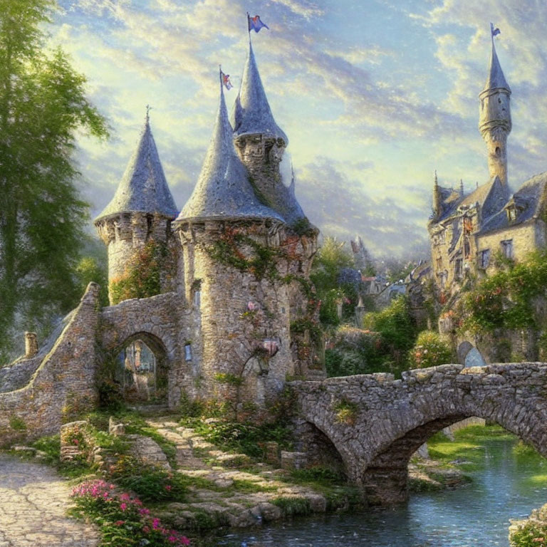 Medieval castle with stone towers, arched bridge, blue flags, and lush greenery