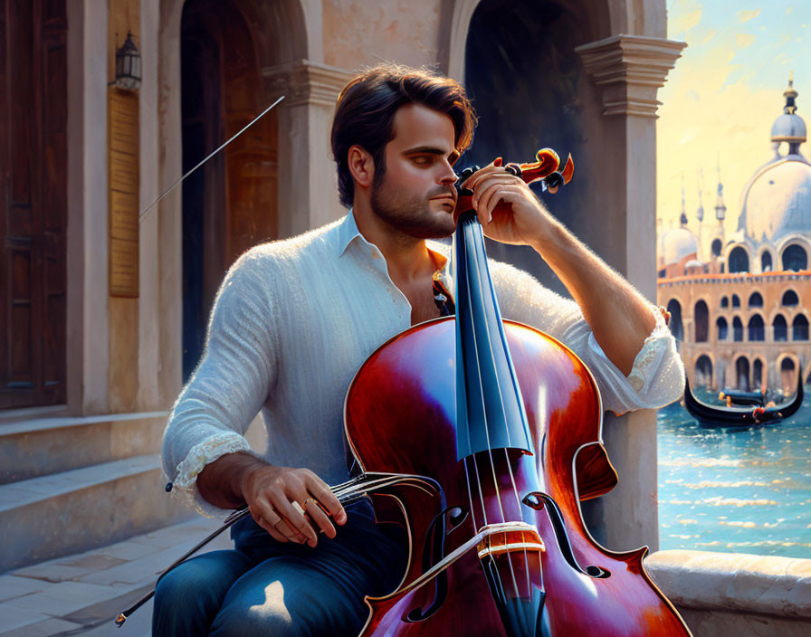 Man playing cello by canal with European architecture in warm sunlight