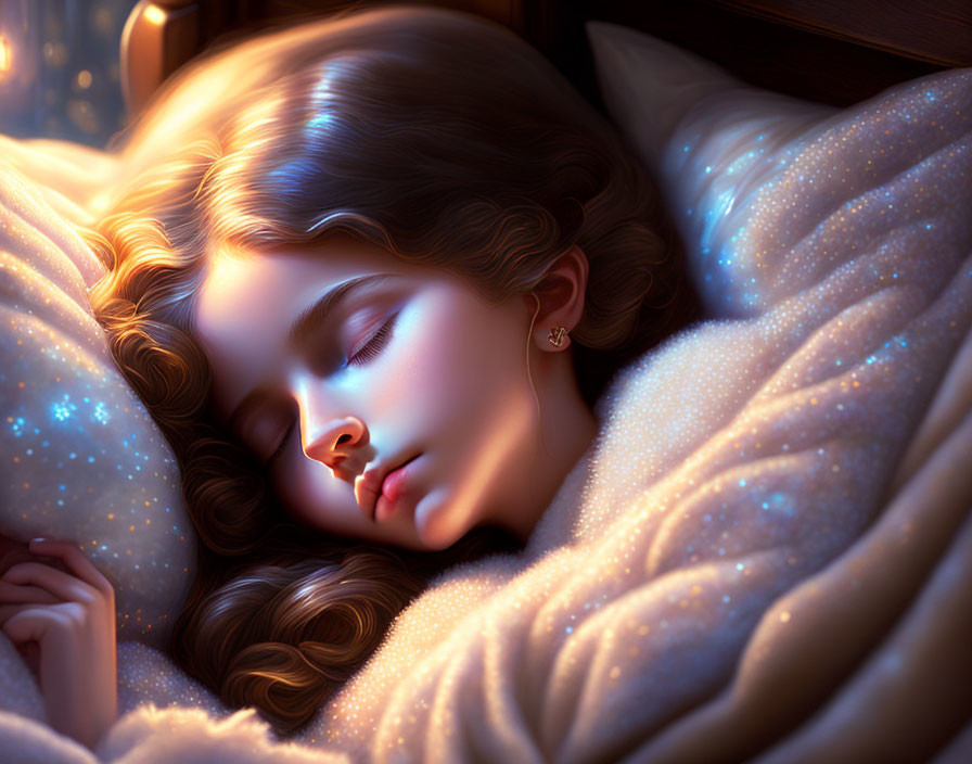 Young woman peacefully sleeping in soft, starry glow