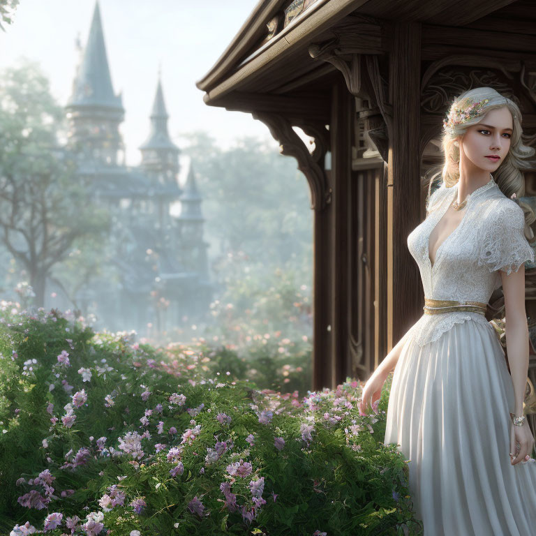 Woman in vintage dress near wooden gazebo with pink flowers and castle in misty background