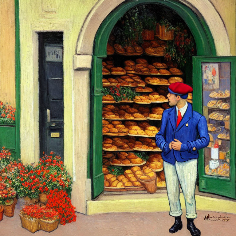 Man in Blue Jacket and Red Beret Outside Shop with Green Archway and Freshly Baked Bread