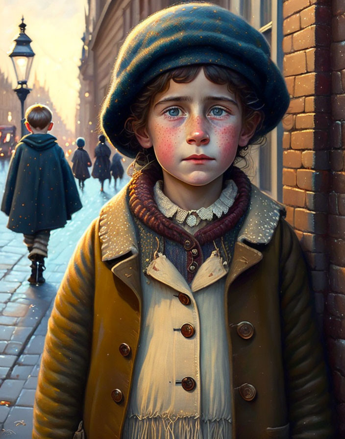 Two children in a street scene, one somber with rosy cheeks and a beret, the