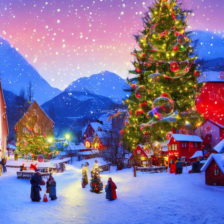 Twilight Christmas Market with Decorated Tree and Snow-covered Ground