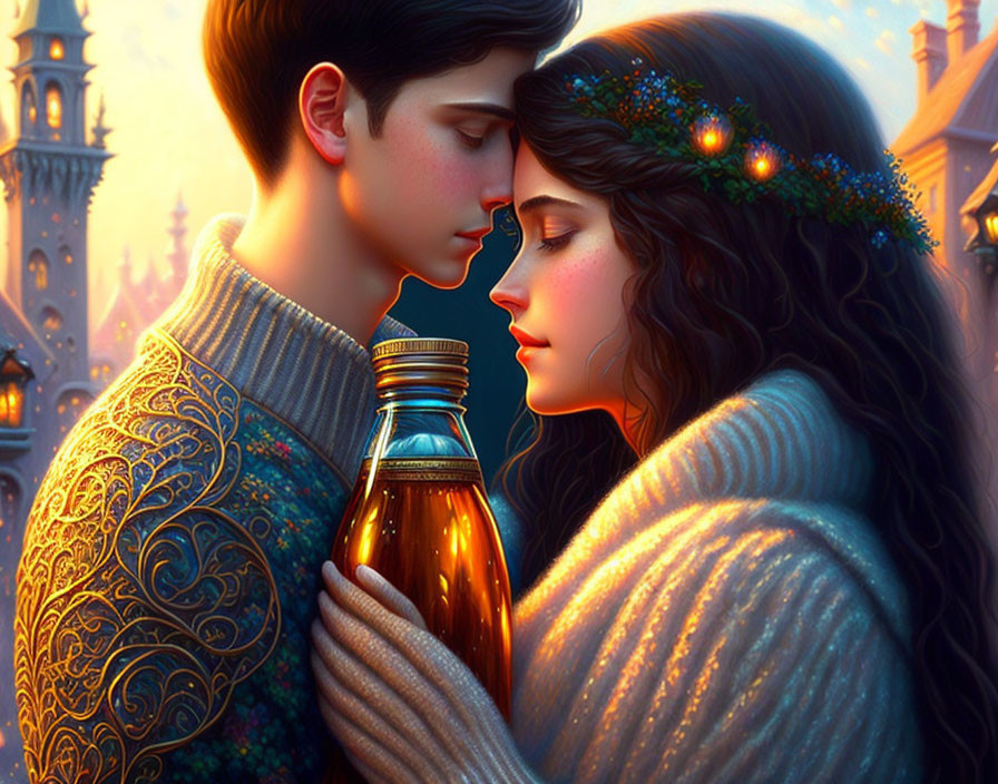 Animated close embrace of young couple with glowing bottle in front of magical castle at dusk