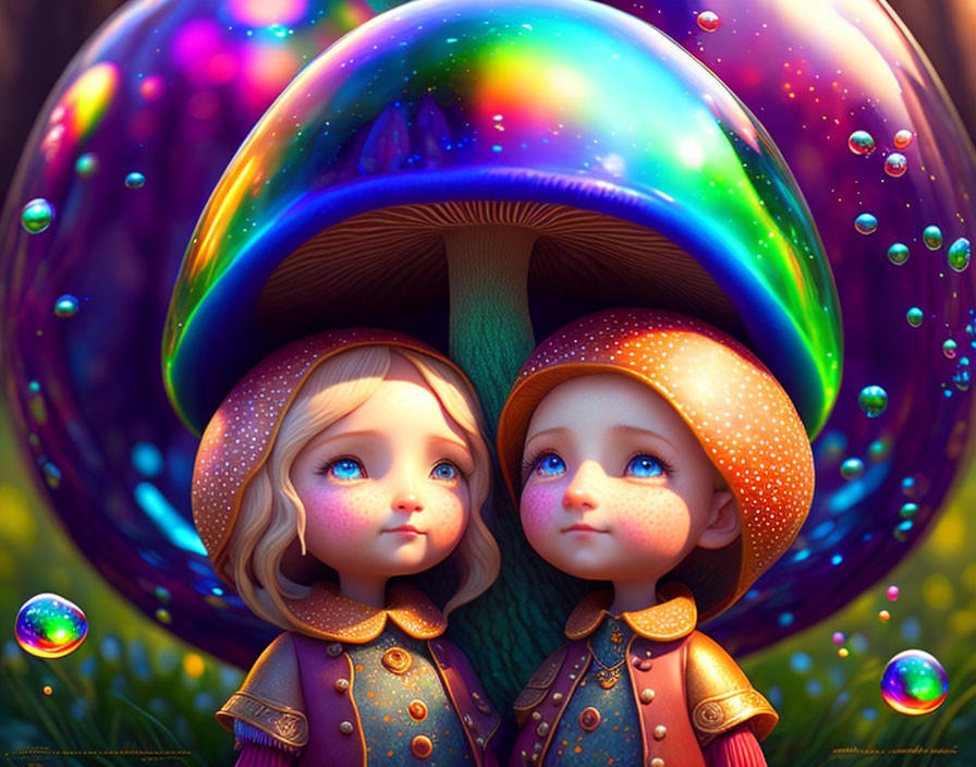 Stylized animated children under iridescent mushroom with colorful background